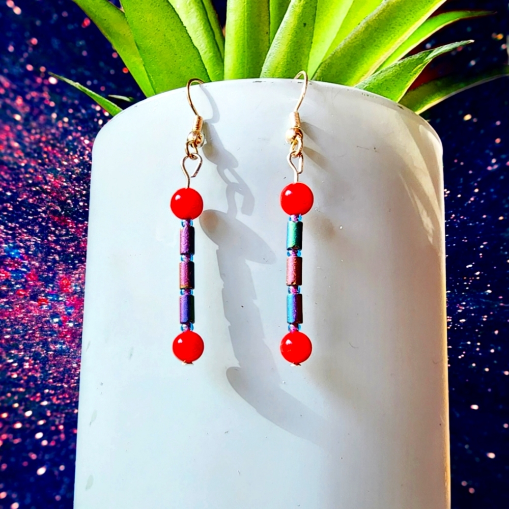 Atomic Inspired Red & Glass Rainbow Handnade Iridescent Beaded Earrings